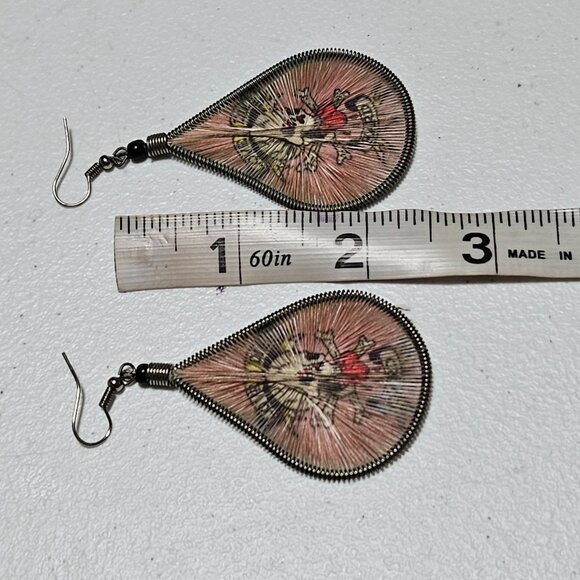 Skull Crossbones Tattoo Design Woven String Teardrop Dangle Earrings Jewelry - Picture 4 of 4